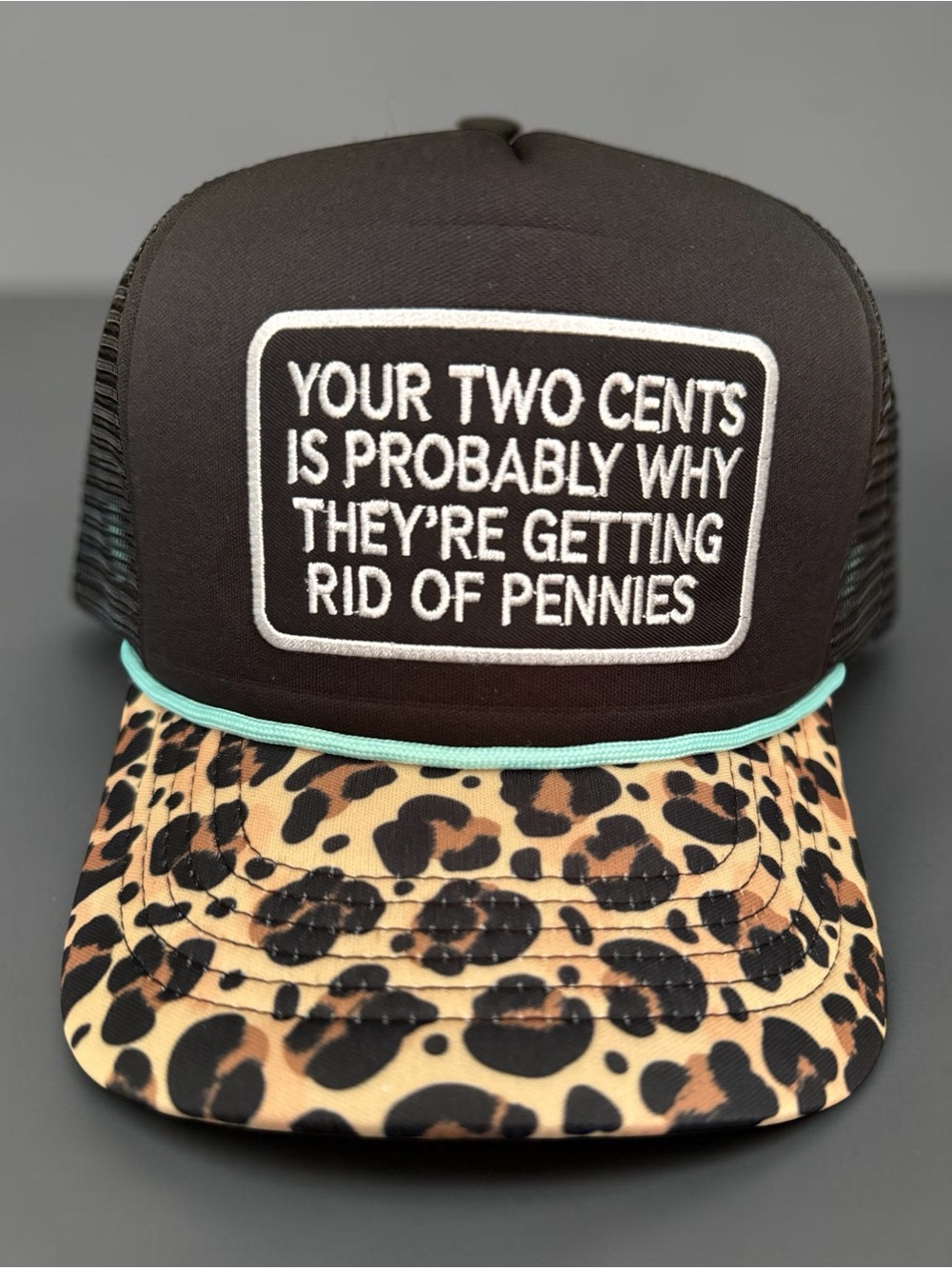 Leopard Brim Trucker Hat with Quote - Black & Beige